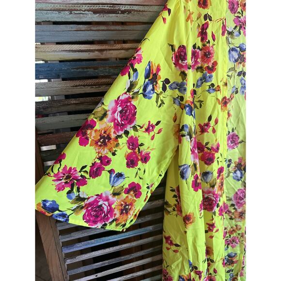 Torrid Neon Floral Yellow Duster Open Kimono Top 1/2 1X 2X Beachy - Picture 5 of 7